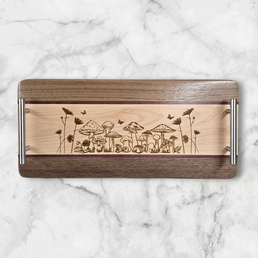 Maple & Walnut Serving Tray Featuring Mushrooms
