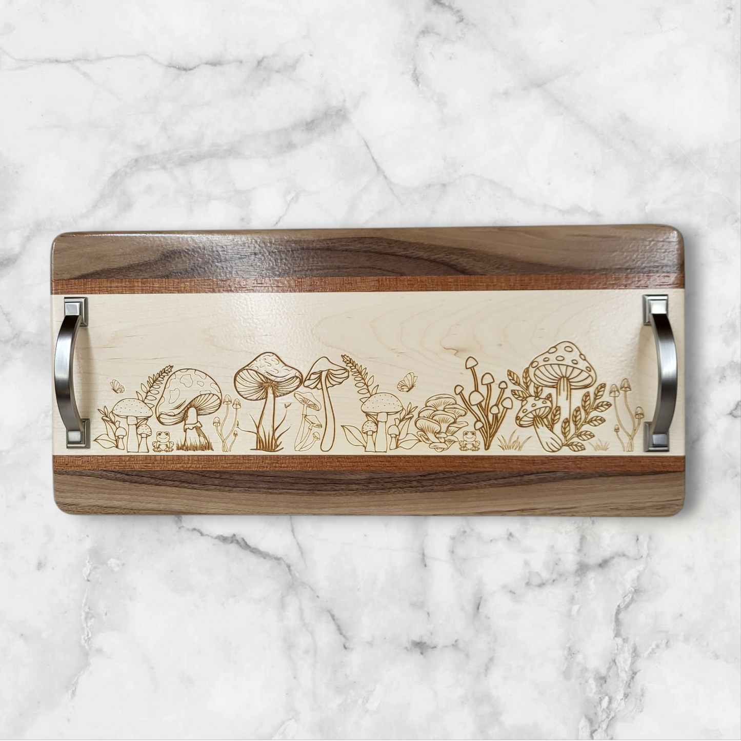 Maple & Walnut Serving Tray Featuring Mushrooms