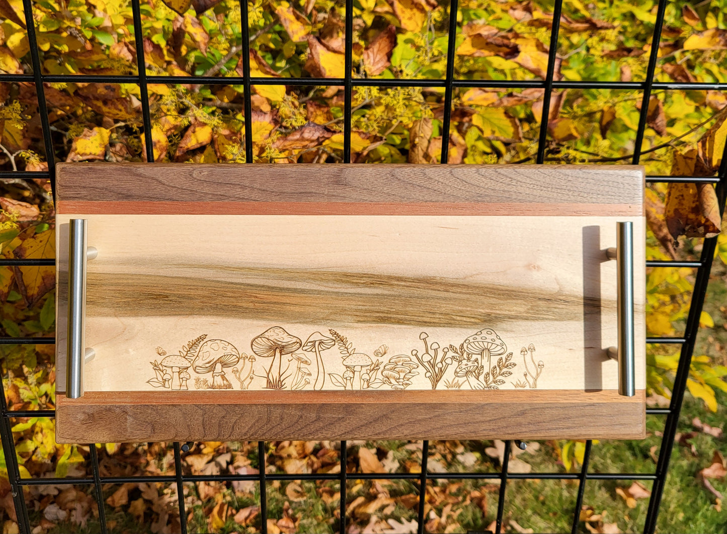 Maple & Walnut Serving Tray with Mushroom Design